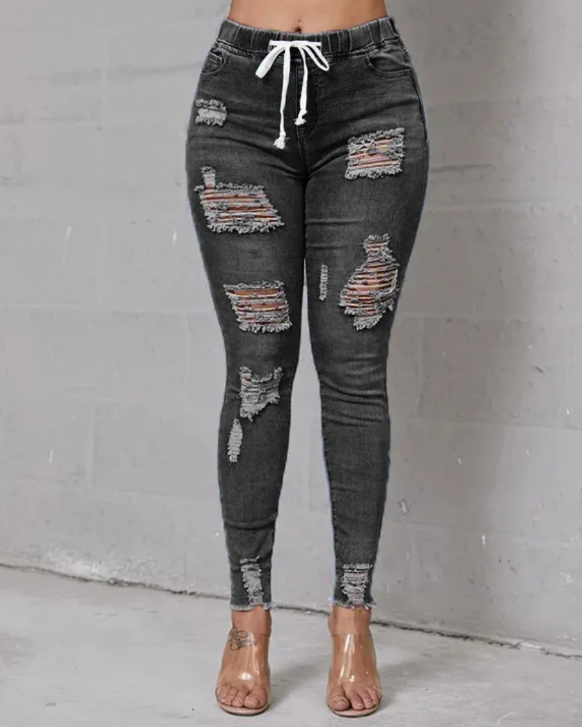 Plus Extreme Distressed Drawstring Waist Jeans - BUY 2 GET FREE SHIPPING
