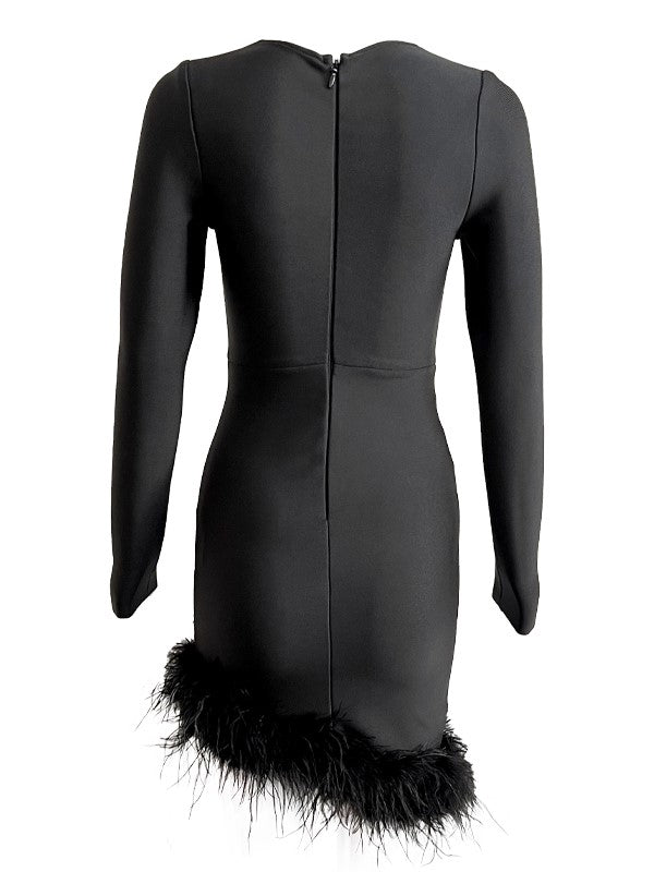 Nori Long Sleeve Feather Trimmed Bandage Dress In Black