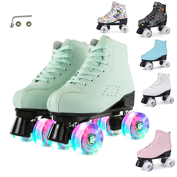 Chicinskates Fashion Green Lace-Up Double-Row Roller Skates