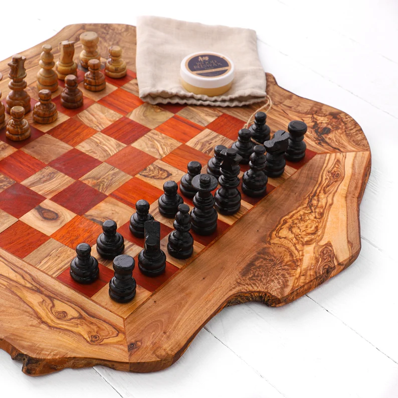 Rustic Chess Set with Rough Edges handmade from Olive Wood | Wooden Chess Board | Gifts for Him