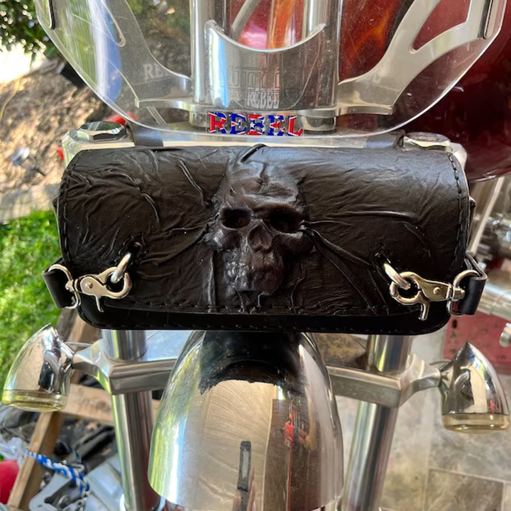 Handcrafted Leather Motorcycle Saddlebag With Embossed Skull Design