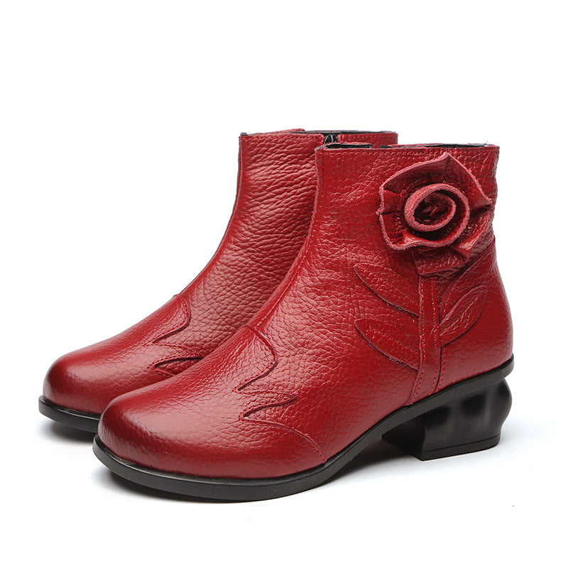 Women's Winter Plush Lining Genuine Leather Flower Decoration Zipped Boots