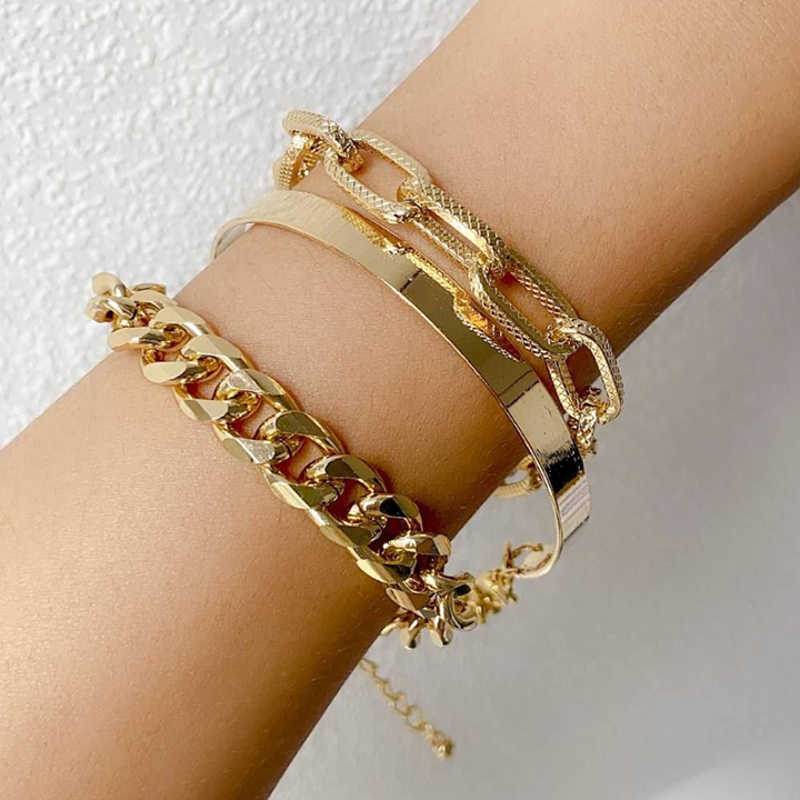 Retro 3 Tier Chain Bracelet - Stacking Delicate Chunky Link Chain Bracelet