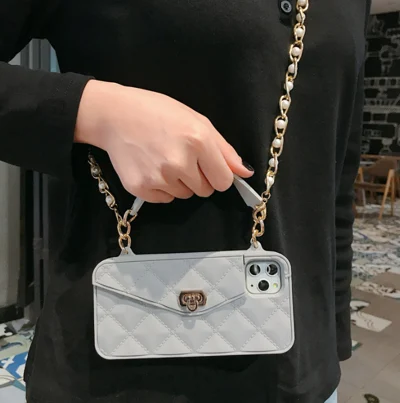 Handbag phone Case with Soft Silicone Chain for Women with Handstrap & Long Pearl Crossbody Chain