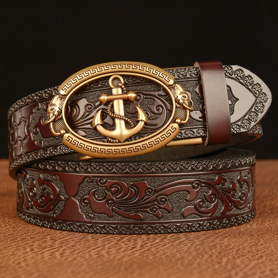 Sailor Waist Buckle Cowboy Leather 3D Manual Engraved Belt