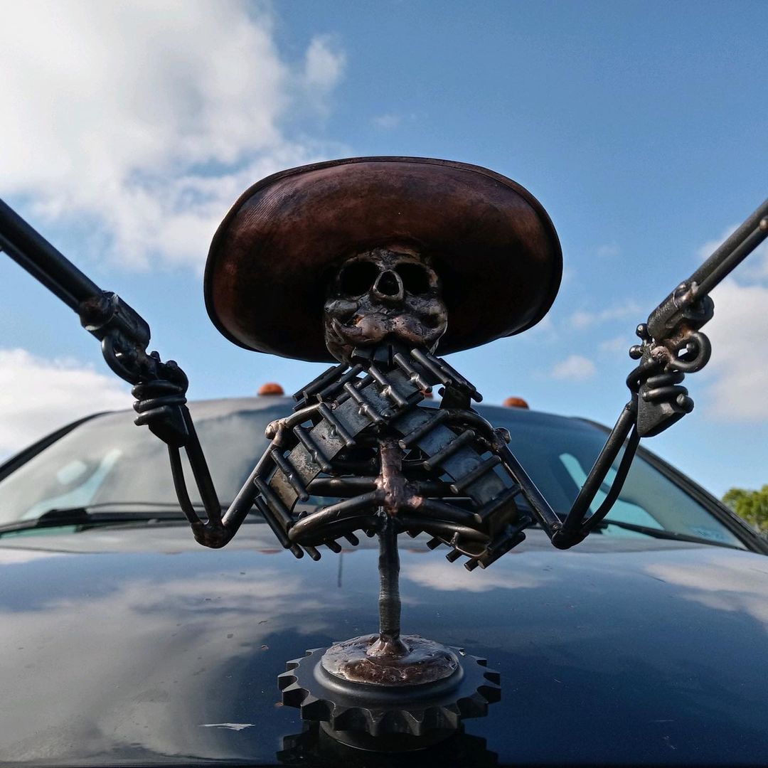 Cowboy Skull Gunslinger Hood Ornament Sculpture, Hot Rod