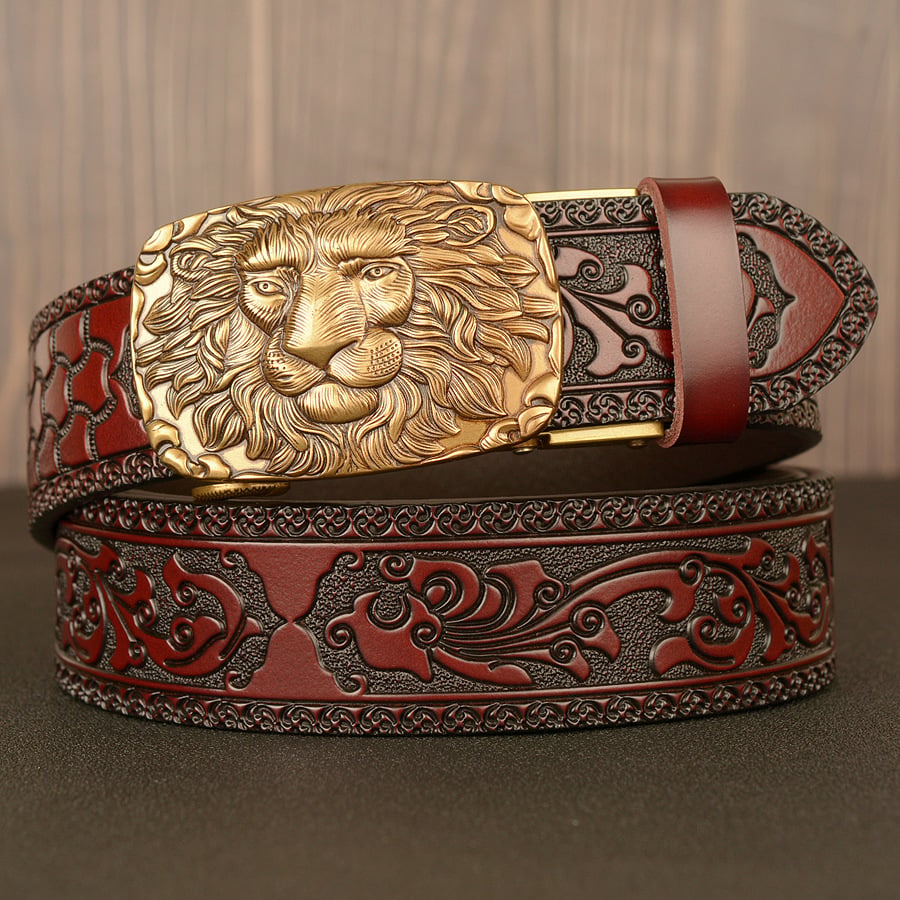 Lion Waist Buckle Cowboy Leather 3D Manual Engraved Belt