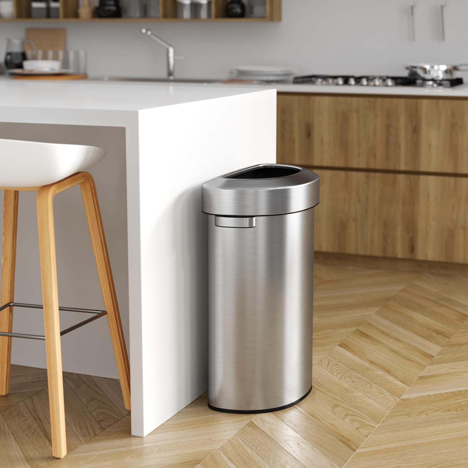 iTouchless 23 Gallon Stainless Steel Semi Round Open Top Trash Can and Recycle Bin