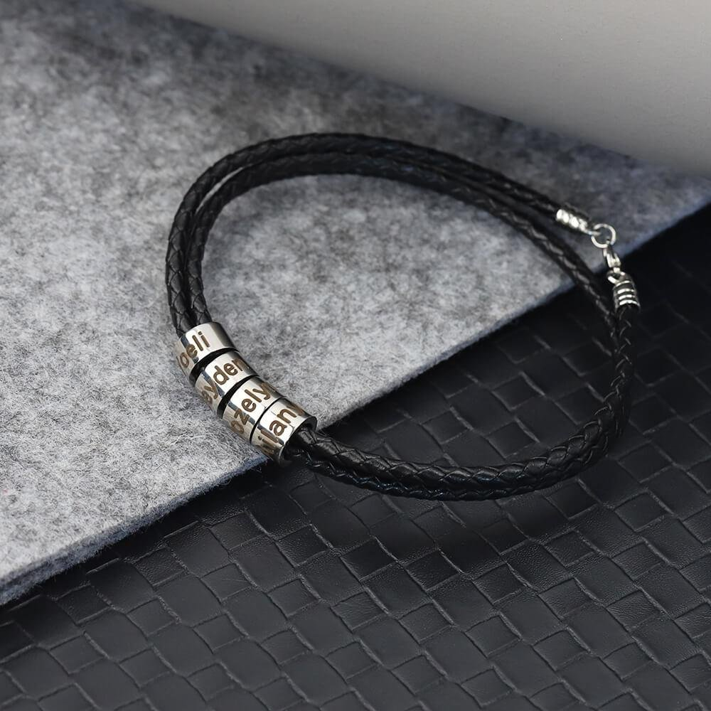 Men Braided Leather Bracelet with Small Custom Beads