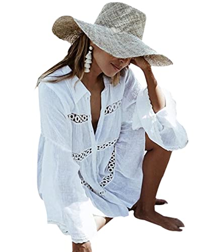 Women's Cotton Beachwear Bikini Swimwear Beach Club Sexy Lace Cover up Tops Bathing Suit (One Size) (Eyelet-Trim White)