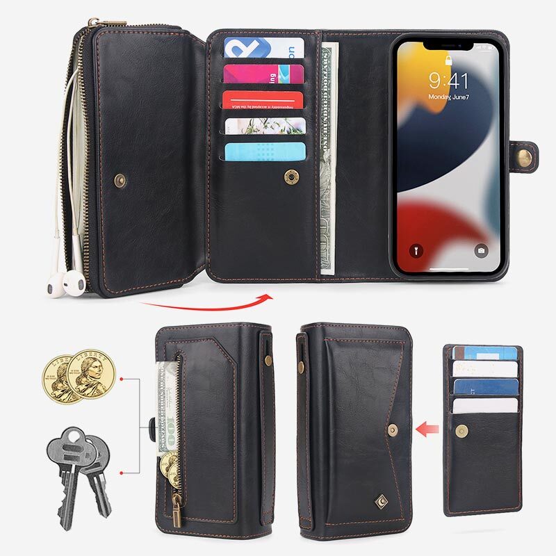 3-In-1 Retro Tri-Fold Wristlet Phone Bag Magnetic Case For iPhone With Removable Card Holder