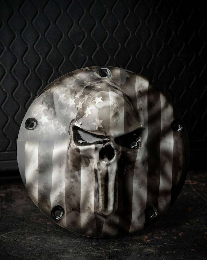 Harley Davidson Custom Points Timing And Derby Cover With A New Punisher Theme Flag