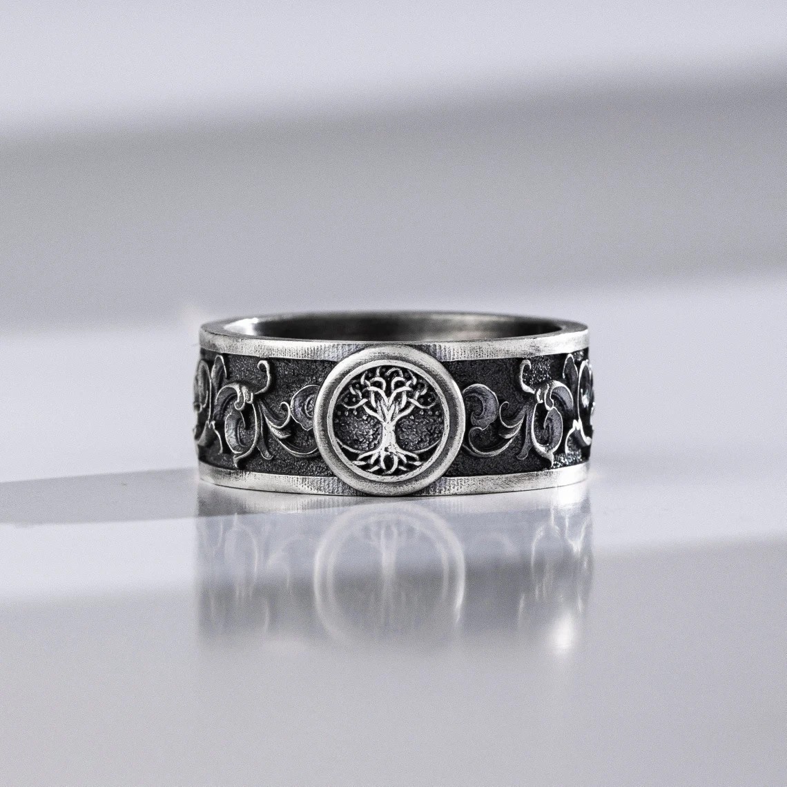 Tree of Life Yggdrasil Handmade Silver Engraved Band Ring