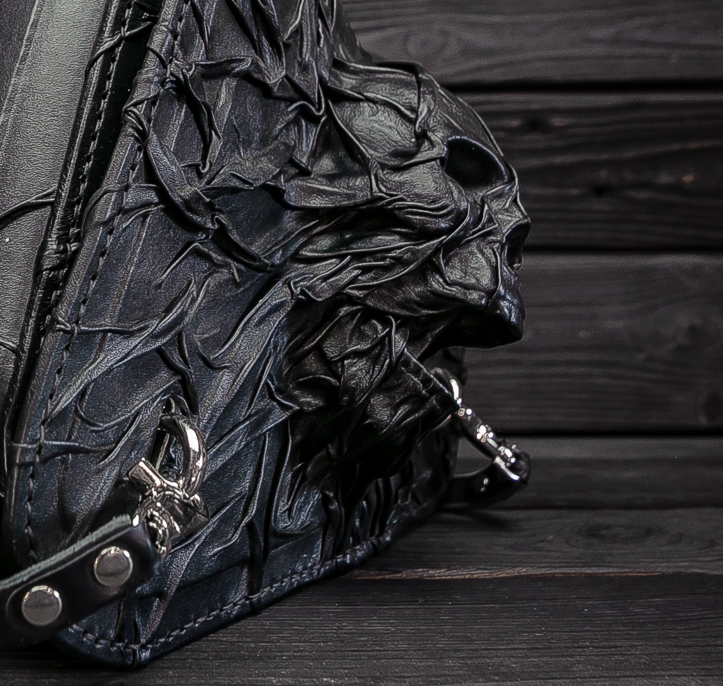 Black Leather Saddlebag With Skull Left Side