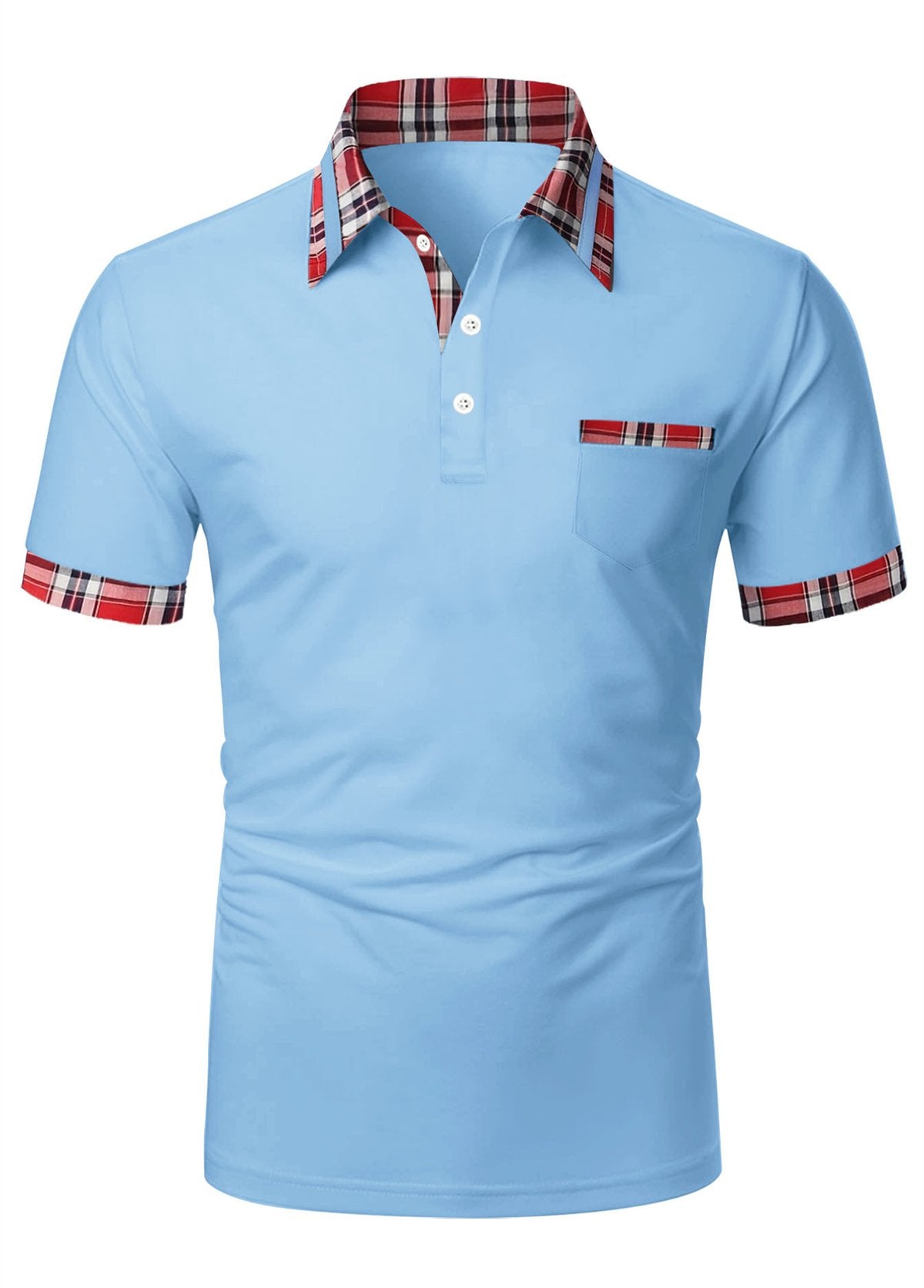 Men's Plaid Pocket Contrasting Color Button Pullover Short Sleeve Casual Comfortable Polo Top