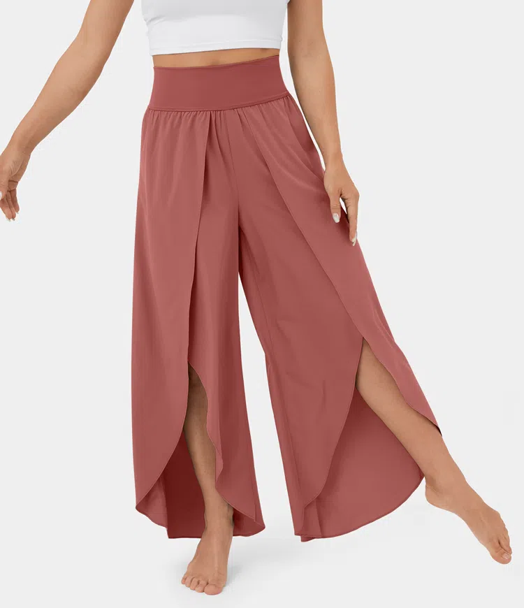 High Waisted Back Waistband Pocket Palazzo Flowy Split Wide Leg Quick Dry Casual Pants
