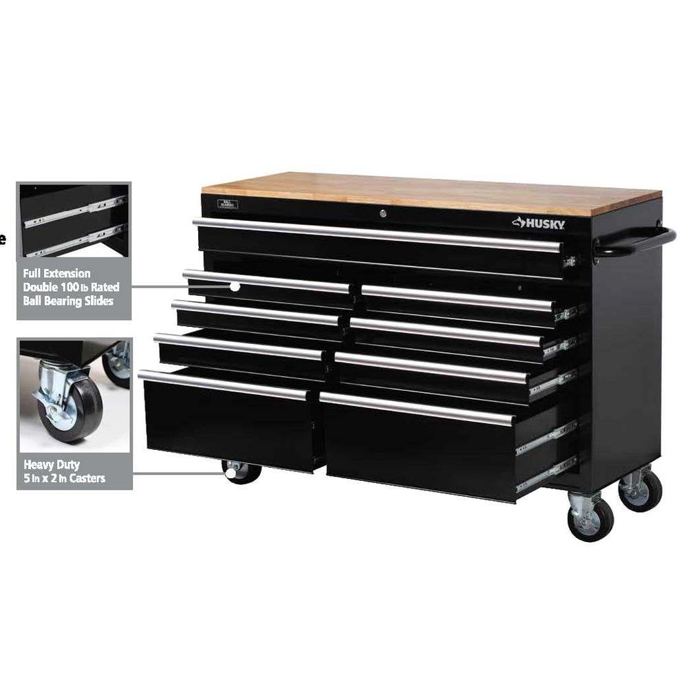 Husky 46 in. 9-Drawer Mobile Workbench with Solid Wood Top