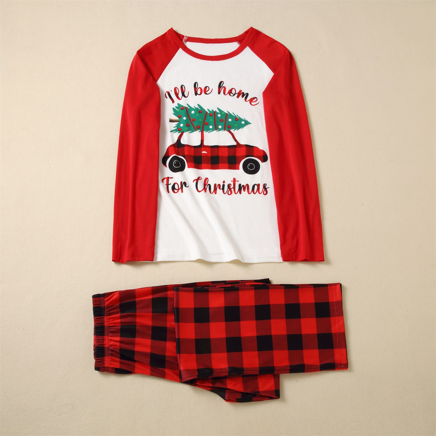 Red 'I Wll Be Home From Christmas' Printed Plaid Christmas Family Matching Long-sleeve Pajamas Sets