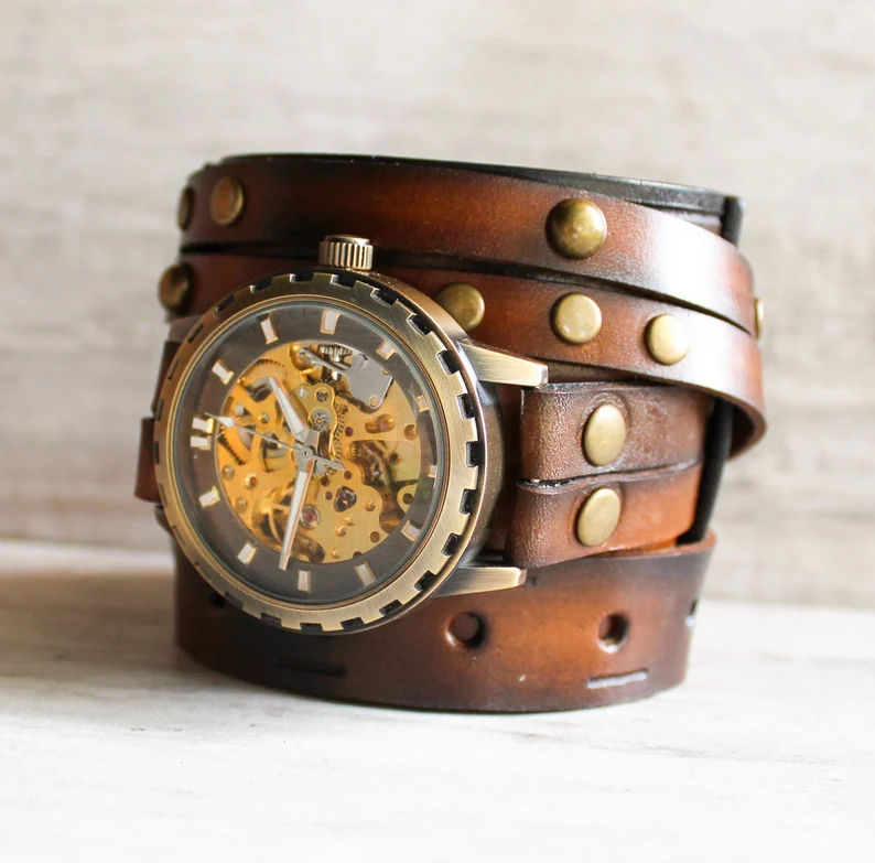 Men's Steampunk Leather Watch Cuff|Mechanical Watch