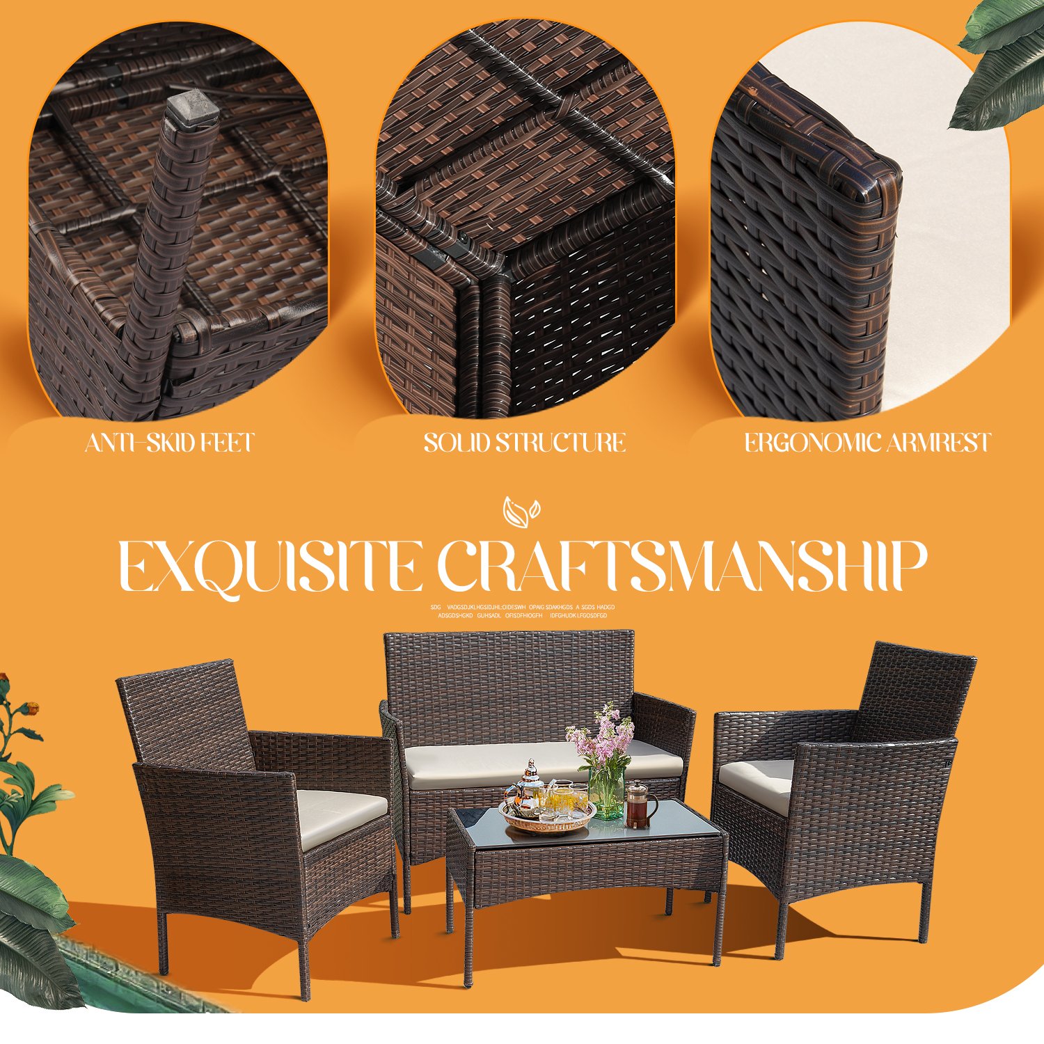 Lacoo 4 Pieces Patio Conversation Set Outdoor PE Rattan Wicker Chairs Set and Table