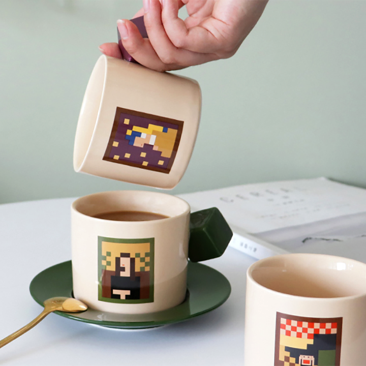 Pixel Painting Literary Morandi Coffee Mug - Retro & Creative Ceramic Cup And Saucer With Spoon Set