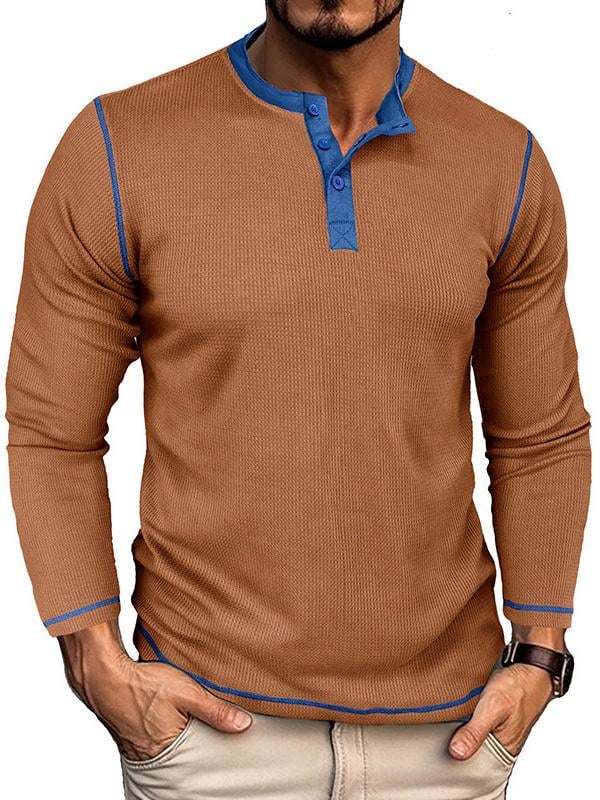 Men's Cotton Basic Stretch Henley Solid Color Long Sleeve Top