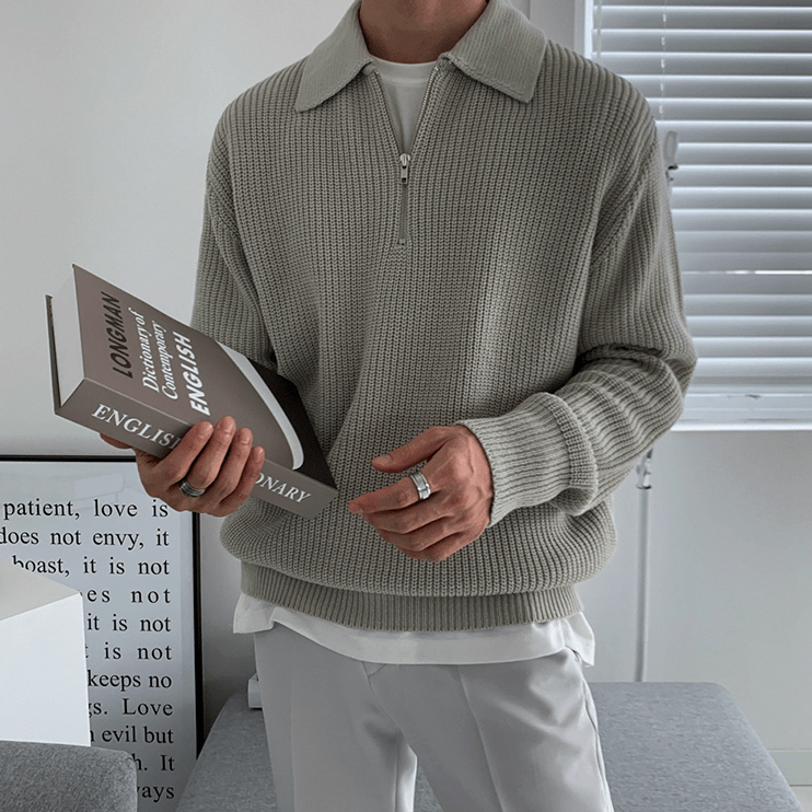 KNITTED HALF ZIP-UP COLLAR SWEATER