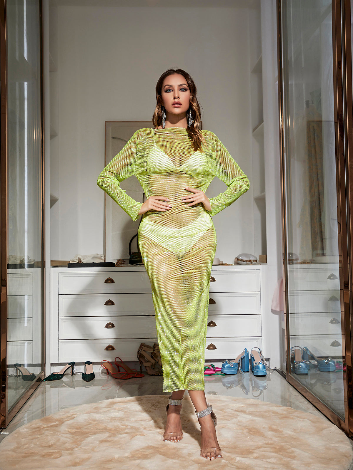 Aliza Long Sleeve Mesh Diamond Maxi Dress In Green