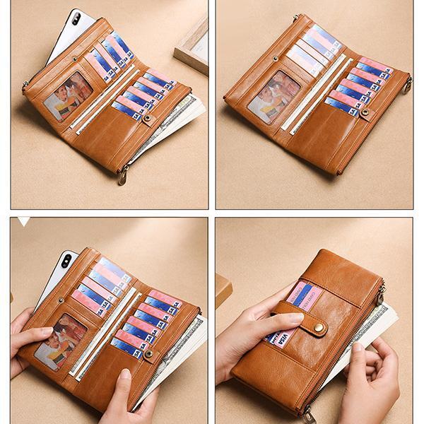 RFID Genuine Leather Double Zipper Wallet