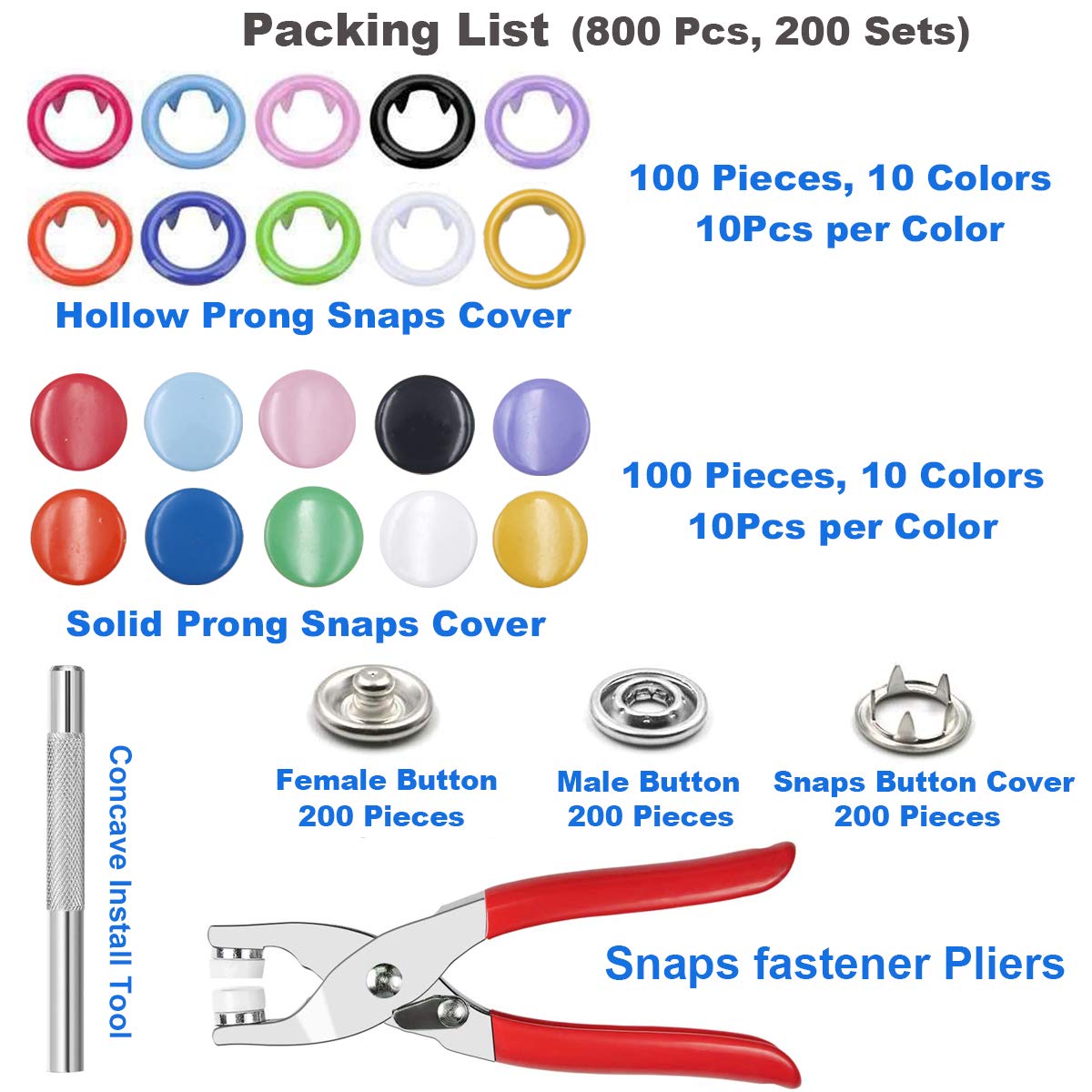 Metal Sewing Buttons Set (10 Color 100 Sets Of Claw Buckle+Pliers Clip)
