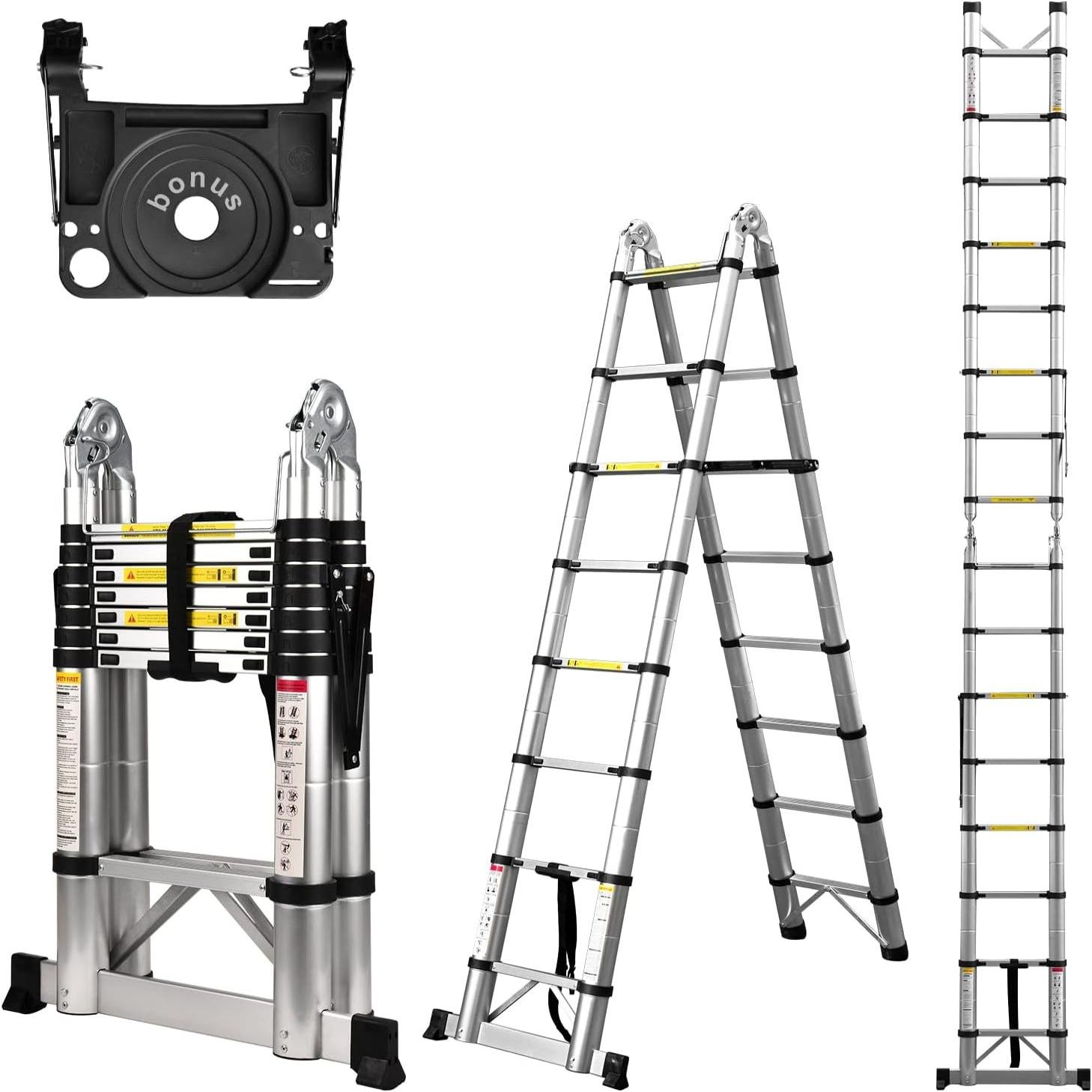 Telescoping Ladder A Frame 16.5 Ft Compact Aluminum Extension Ladder 330 lb Capacity