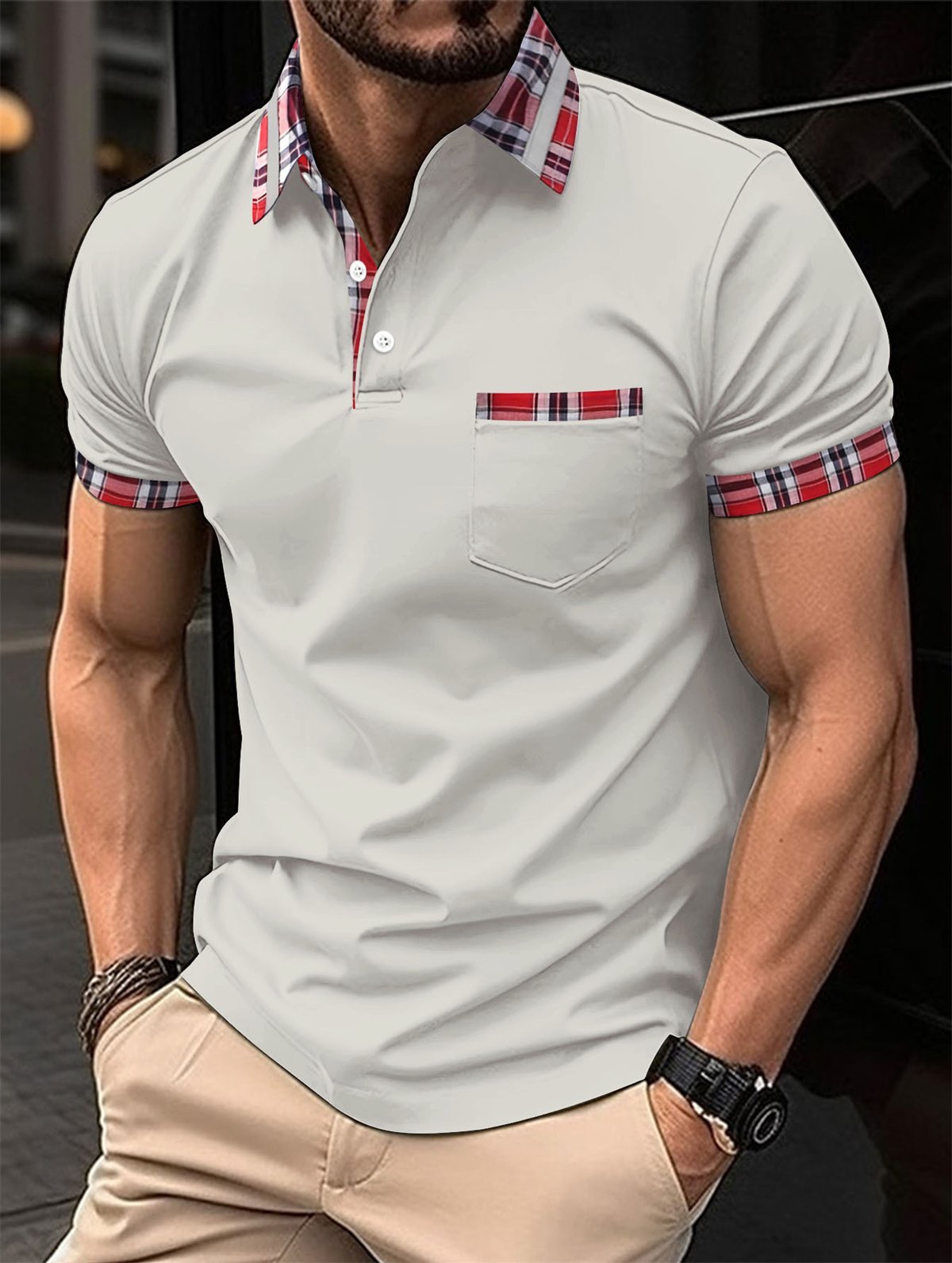 Men's Plaid Pocket Contrasting Color Button Pullover Short Sleeve Casual Comfortable Polo Top