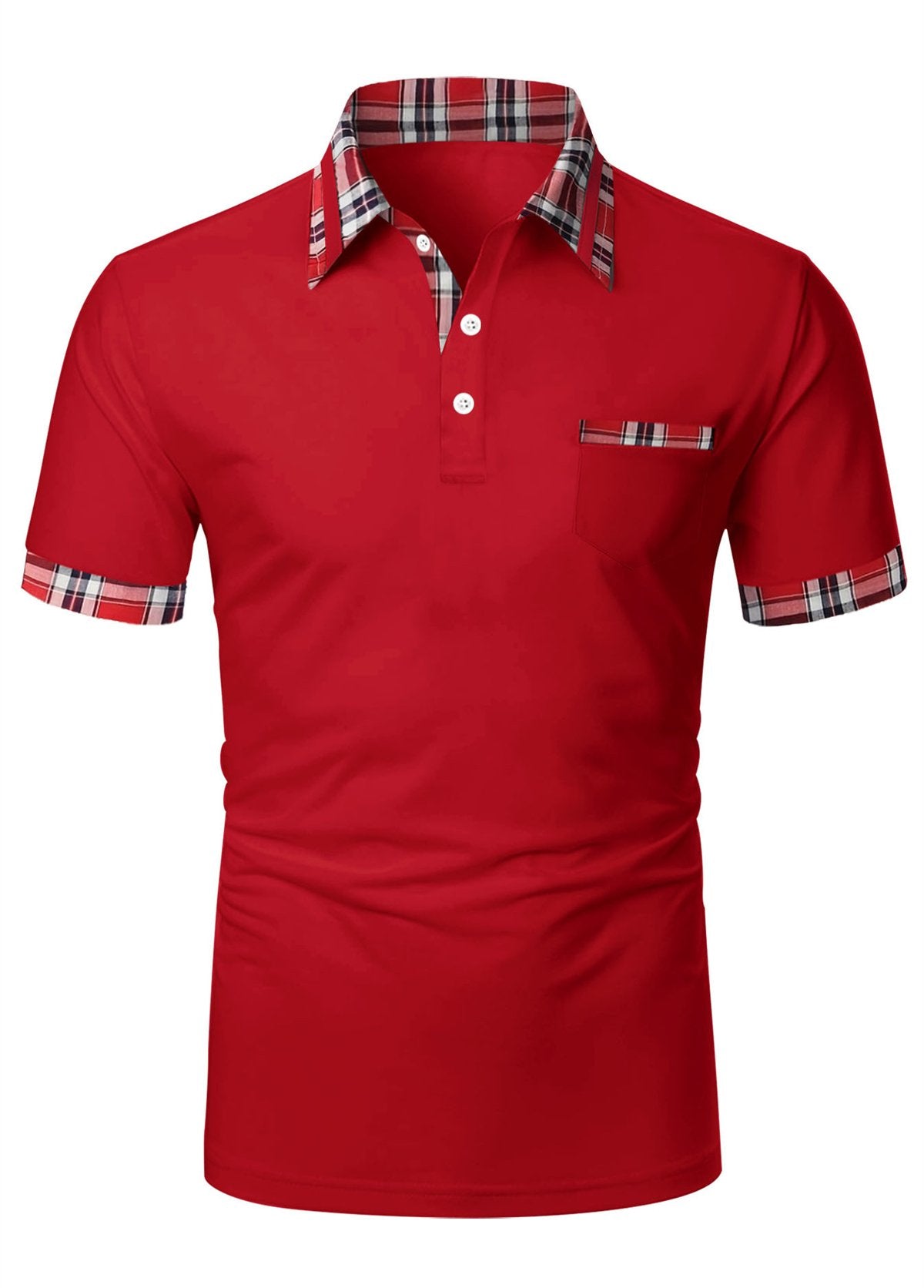 Men's Plaid Pocket Contrasting Color Button Pullover Short Sleeve Casual Comfortable Polo Top