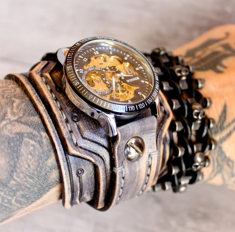 Men's Steampunk Gray Leather Wrist Watch