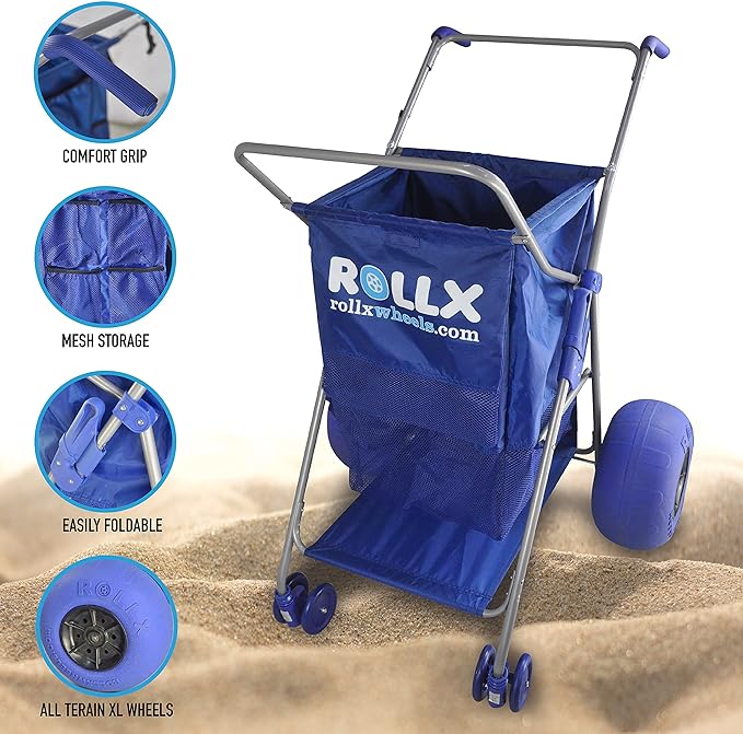 RollX Big Balloon Wheel Beach Cart for Sand Foldable Storage Wagon with Big 13 Inch Beach Tires Pump Included