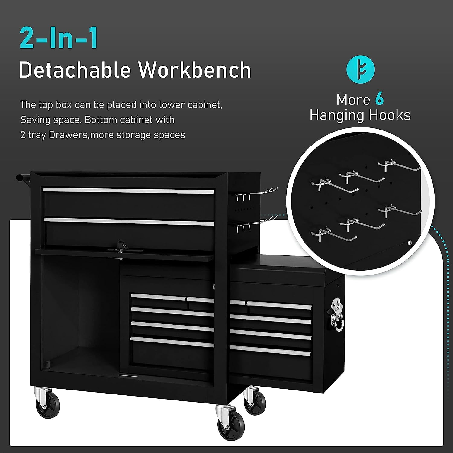 2-in-1Tool Chest & Cabinet Large Capacity 8-Drawer Rolling Tool Box Organizer with Wheels Lockable Black