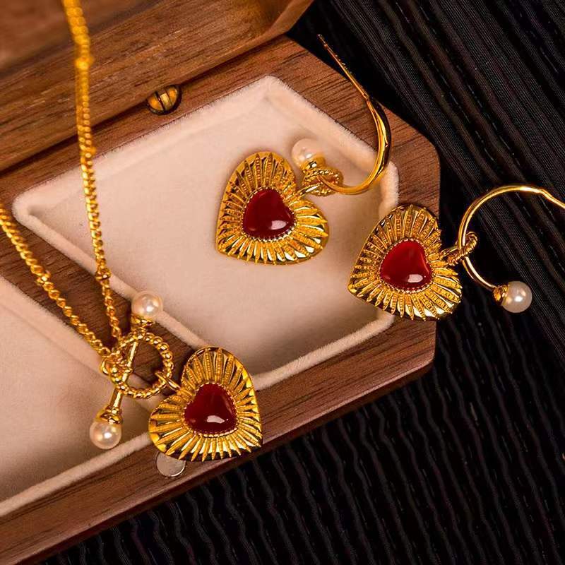 Natural Red Garnet Ring Set- 14K Gold Vermeil Vintage Ring