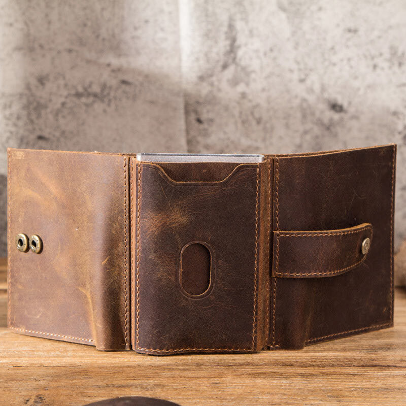 RFID Multifunctional Retro Genuine Leather Short Wallet With Key Chain Holder Blocking Card Holder