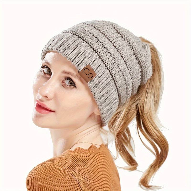 Winter Soft Knit Ponytail Bun Beanie Hat