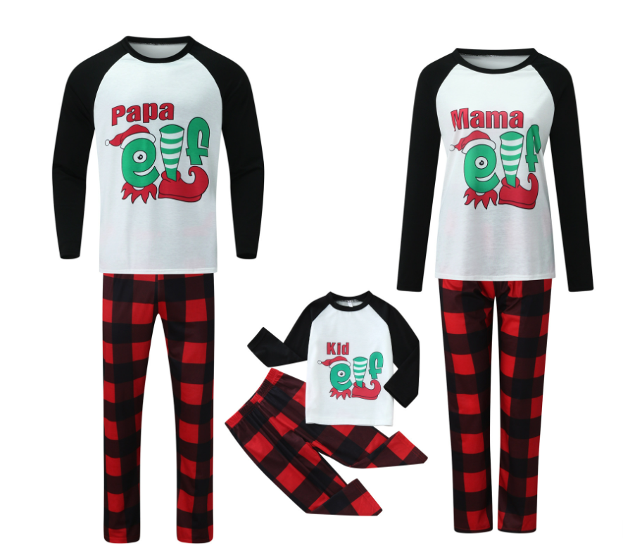 Christmas Contrast Cute elf print Matching Pajamas Sets