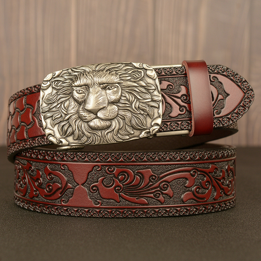 Lion Waist Buckle Cowboy Leather 3D Manual Engraved Belt