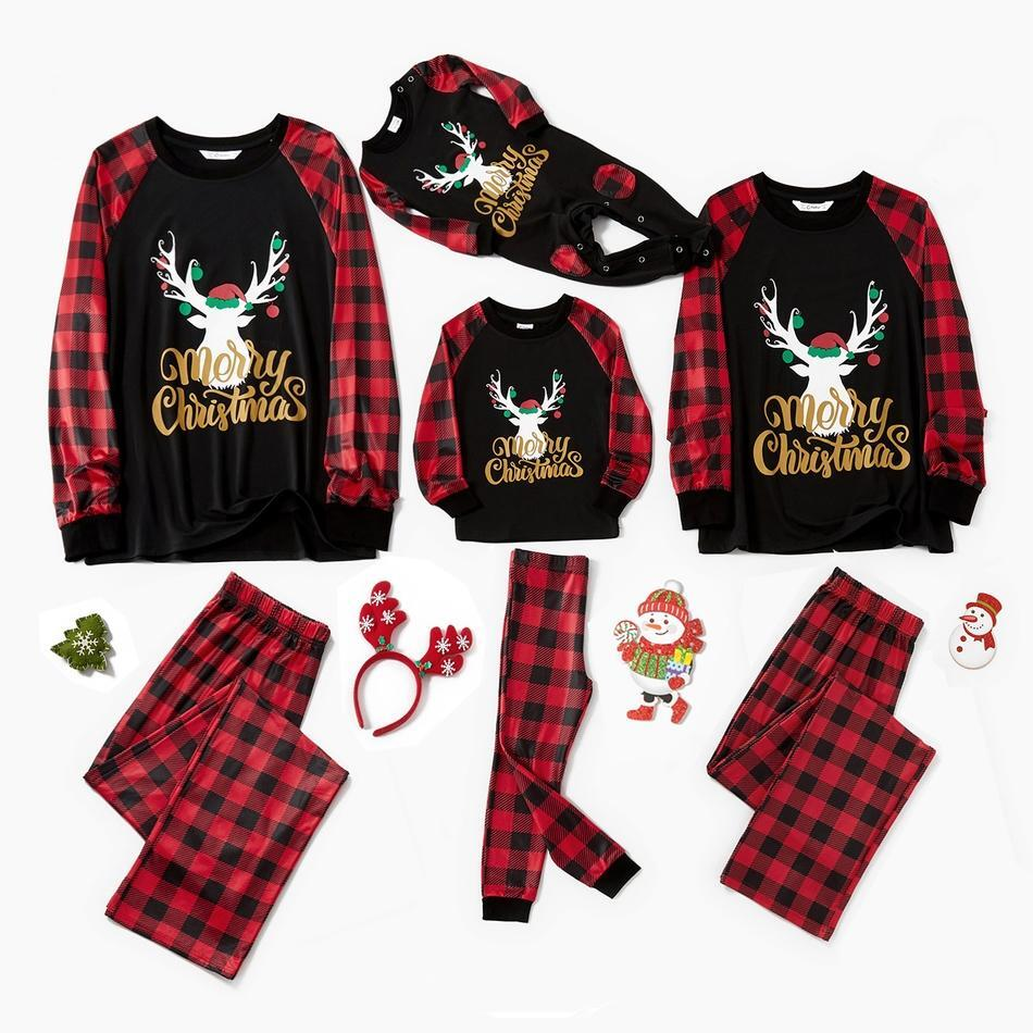 Merry Christmas Reindeer Print Plaid Family Matching Pajamas Sets