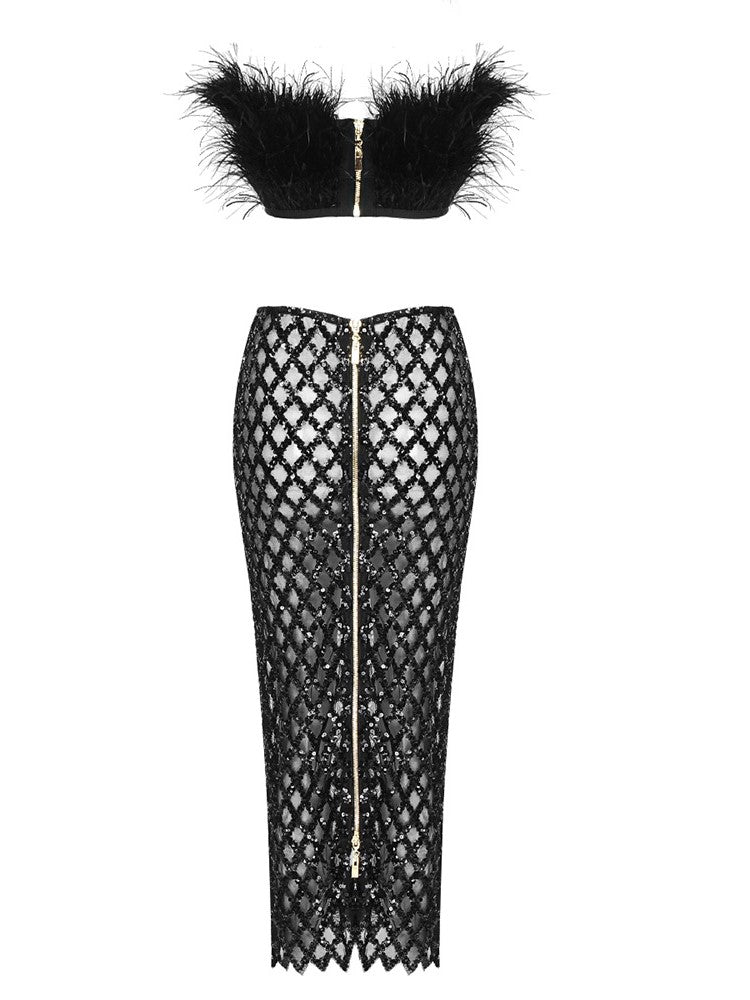 Ansley Strapless Feather Mesh Skirt Set In Black