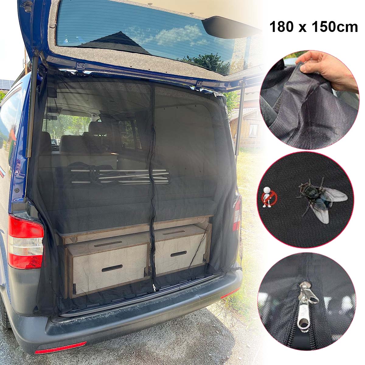 Tailgate Wing Door Boot Cover Sun Protection Mosquito Net Screen for Back Door, Mosquito Net Compatible with VW T5-T6 2003-2023, Magnetic Closure, Van Accessories