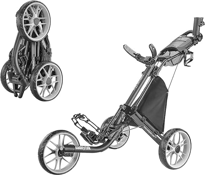 CaddyTek 3 Wheel Golf Push Cart - Foldable Collapsible Lightweight Pushcart with Foot Brake
