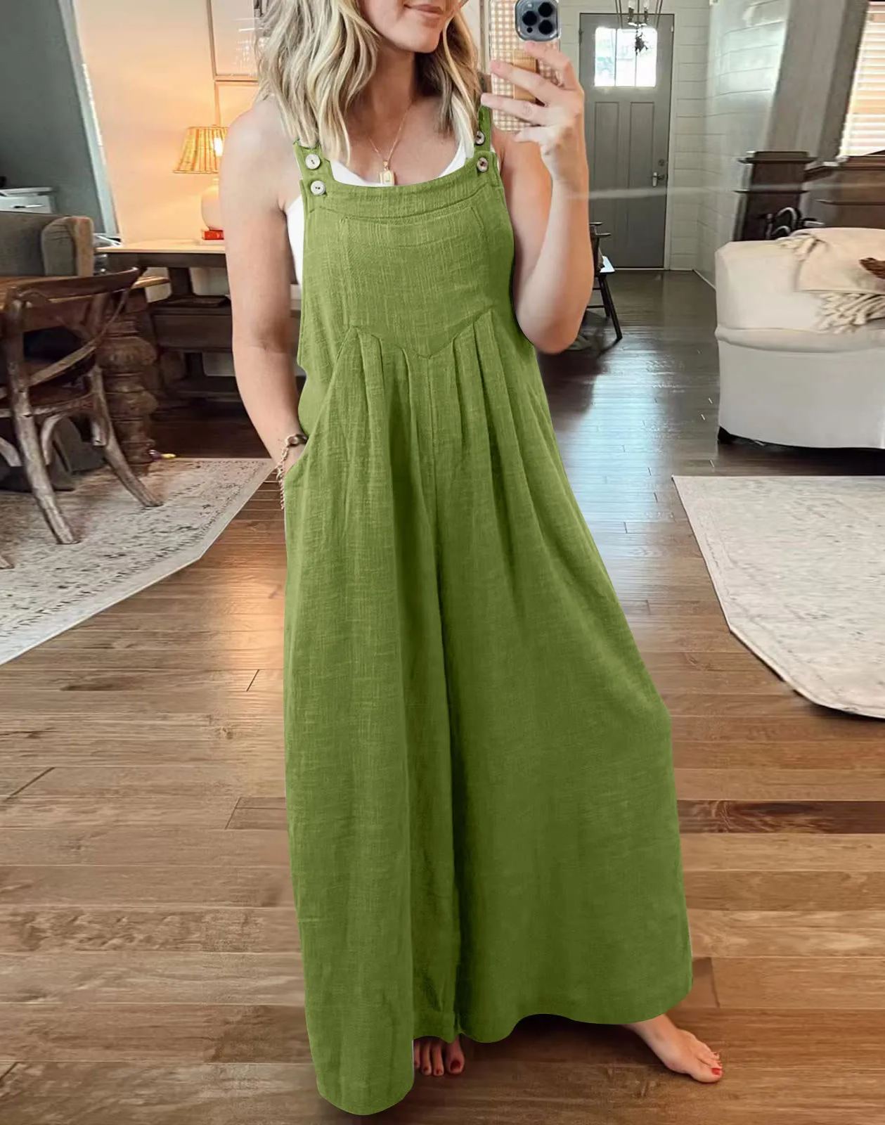 Women's Button Wide Leg Jumpsuit With Pockets