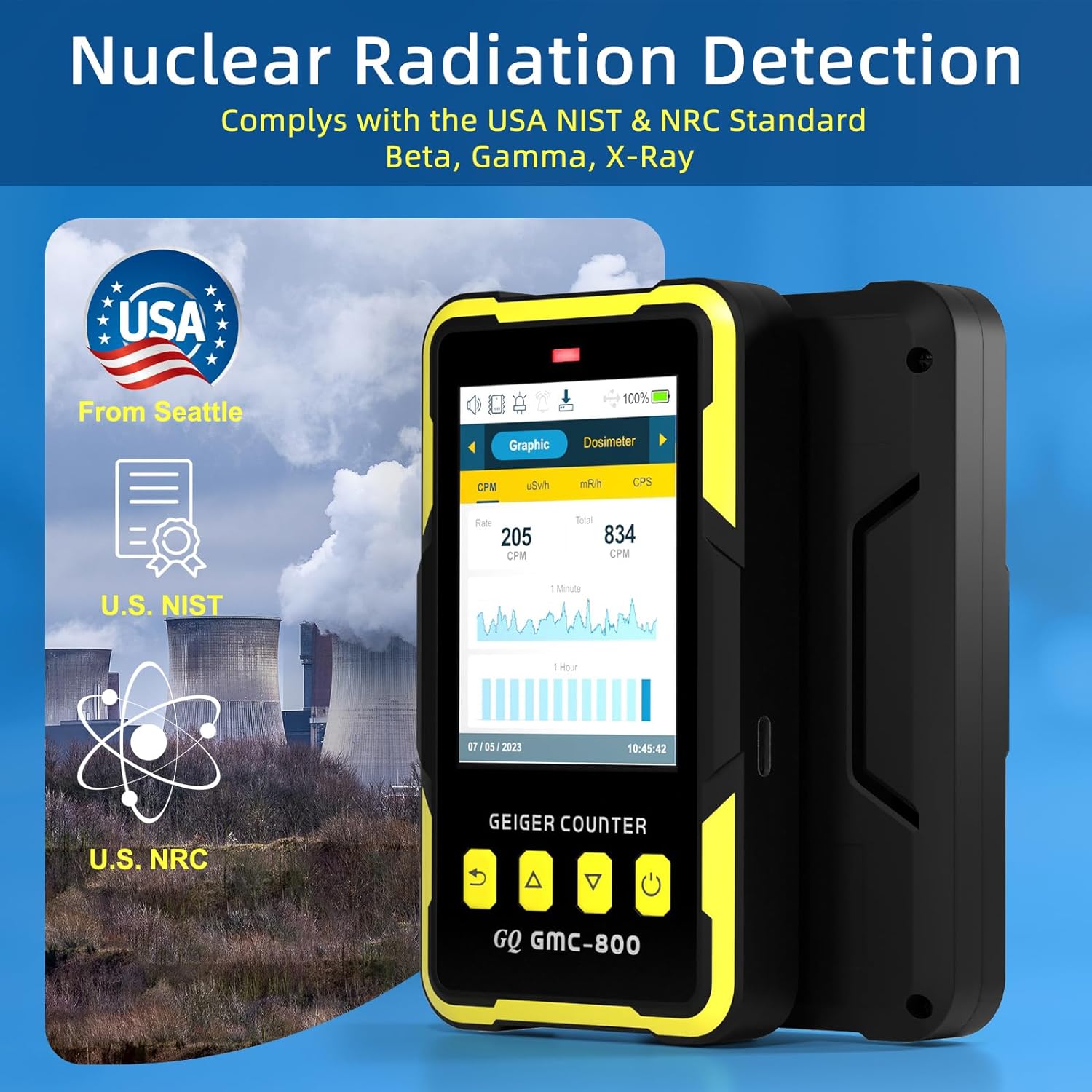 Nuclear Radiation Detector GQ Standard Large Color LCD Display 5 Alarm Types