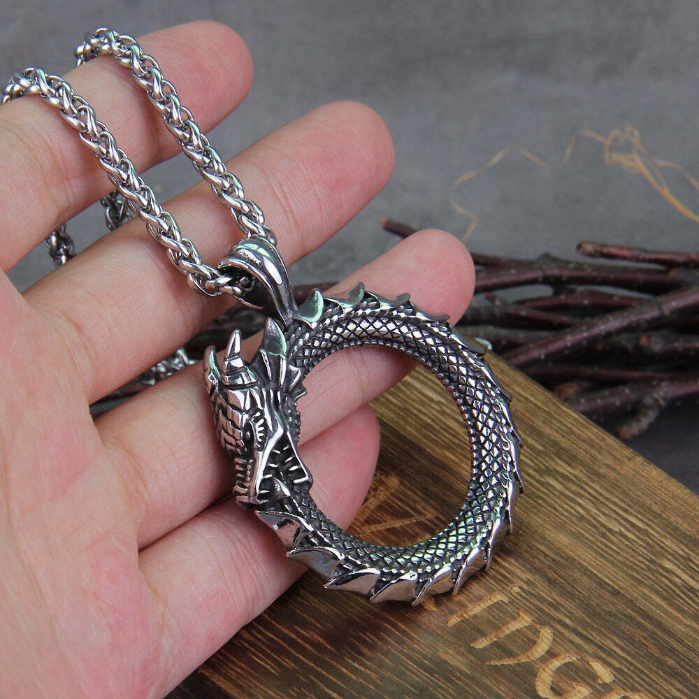 Stainless Steel Viking Ouroboros Amulet Dragon Necklace With Vikings Wooden Box