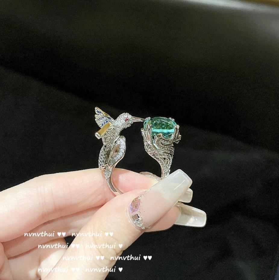 Blue diamond hummingbird openign ring Green oval Luxury elegant adjust index finger ring animals jewelry for women