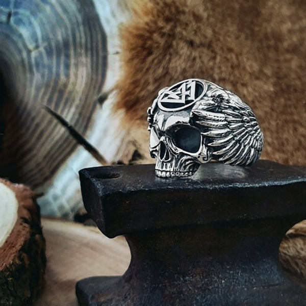Odin and the Raven Skull Sterling Silver Ring